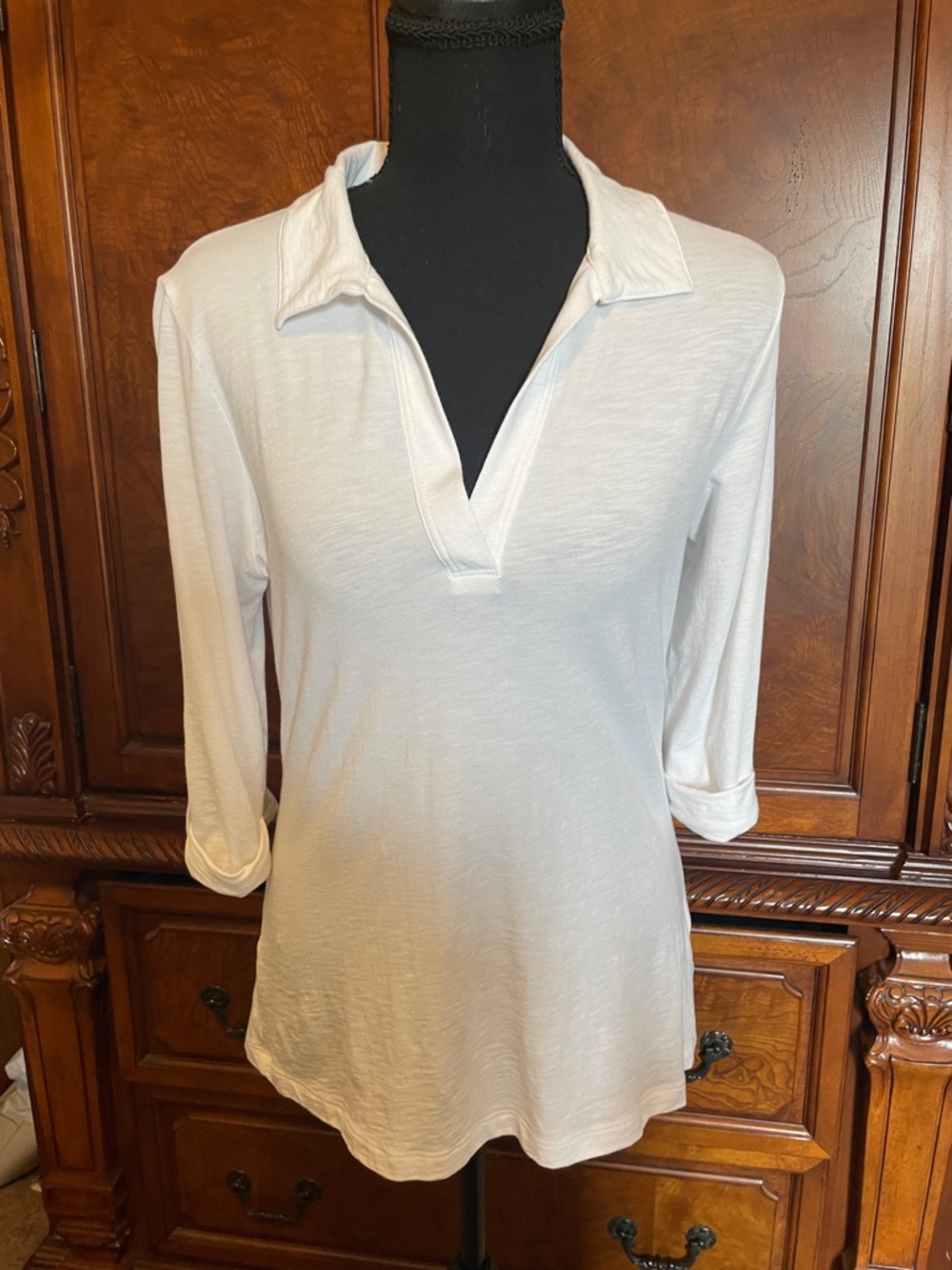 Rachel Zoe White V-Neck Collared 3/4 Sleeve Top Size Medium